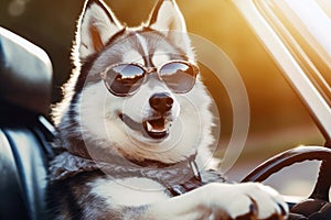 Happy husky pilots the car on a sunny day. Animal travel concept