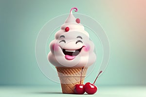 Happy ice cream cone cartoon character with cherry on top. AI