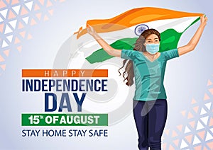 Happy Independence day 15 th august Happy independence day of India , girl running with Indian flag.vector illustration.greeting