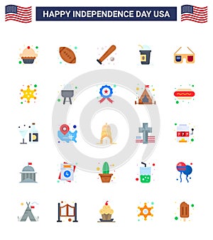 Happy Independence Day 25 Flats Icon Pack for Web and Print glasses; states; baseball; limonade; america