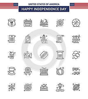 Happy Independence Day 25 Lines Icon Pack for Web and Print backetball; eagle; gate; celebration; american