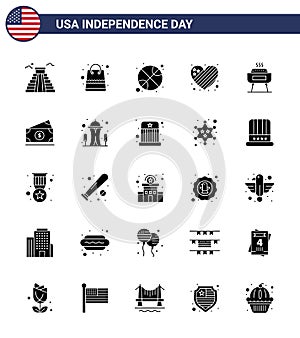 Happy Independence Day 25 Solid Glyph Icon Pack for Web and Print celebration; love; basketball; heart; american