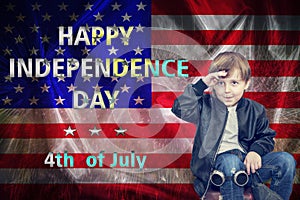 HAPPY INDEPENDENCE DAY , 4th of .July, American Boy salutes with his hand, American flag with the text Happy independence day, ba