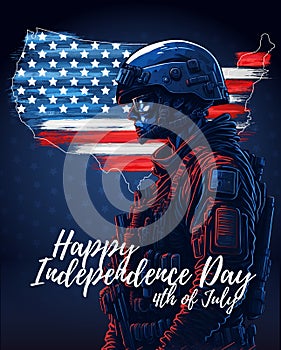 Happy independence day 4th of July card with USA Army Soldier. AI generated illustration