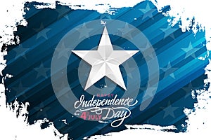 Happy Independence Day, 4th of July celebrate banner with silver star on brush stroke background and hand lettering text.