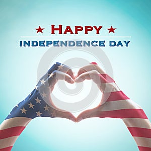 Happy independence day 4th of July with National America flag pattern on people hands in heart shape