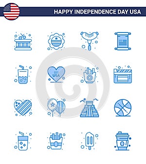 Happy Independence Day 4th July Set of 16 Blues American Pictograph of cola; drink; frankfurter; glass; american