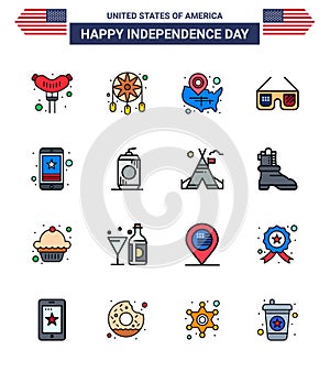 Happy Independence Day 4th July Set of 16 Flat Filled Lines American Pictograph of star; usa; states; imerican; sunglasses