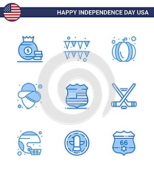 Happy Independence Day 4th July Set of 9 Blues American Pictograph of hokey; usa; pumpkin; sign; hat