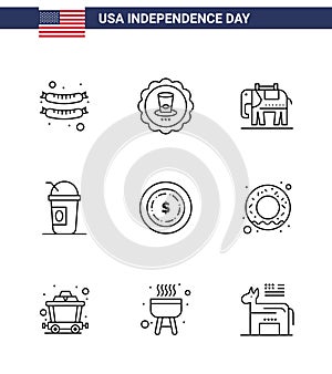 Happy Independence Day 4th July Set of 9 Lines American Pictograph of donut; dollar; american; american; limonade