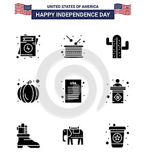 Happy Independence Day 4th July Set of 9 Solid Glyphs American Pictograph of declaration of independence; usa festival;