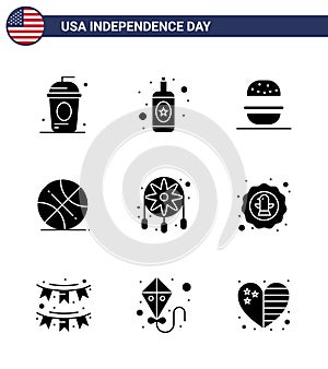 Happy Independence Day 4th July Set of 9 Solid Glyphs American Pictograph of decoration; usa; burger; sports; backetball