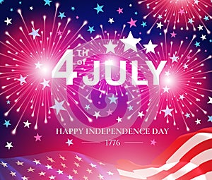 Happy Independence Day, 4th of July US national holiday. Festive greeting card, invitation with fireworks in USA flag colors. Web