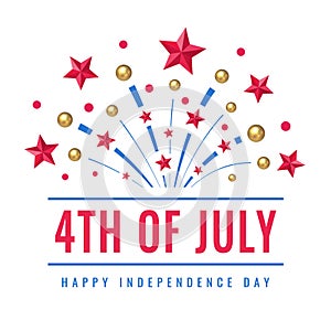 Happy Independence Day, 4th of July - USA national holiday. Festive greeting card, invitation with fireworks in US flag colors.