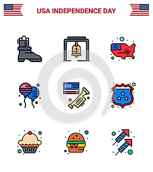 Happy Independence Day 9 Flat Filled Lines Icon Pack for Web and Print laud; flag; states; american; bloons