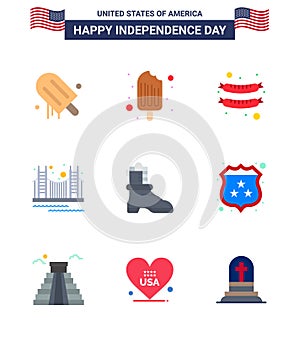 Happy Independence Day 9 Flats Icon Pack for Web and Print shose; tourism; food; landmark; gate