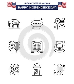 Happy Independence Day 9 Lines Icon Pack for Web and Print doors; party; celebrate; day; balloons