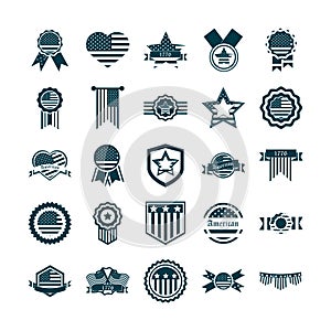 Happy independence day, american flag national freedom patriotism icons set silhouette style