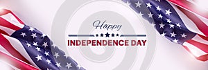 Happy Independence Day Banner with American Flag on the grey background and greeting text.