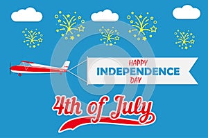 Happy Independence Day card with plane with flying banner and fireworks. United states of America celebrates - 4th of July. Vector