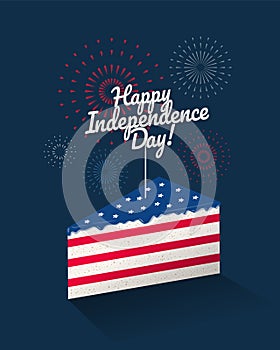 Happy Independence Day greeting card or banner design with piece of cake in american flag colors with fireworks