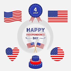 Happy independence day icon set. United states of America. 4th of July. Waving, crossed american flag, heart, round circle shape,