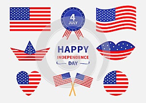 Happy independence day icon set. United states of America. 4th of July. Waving, crossed american flag, heart, round shape, cake, b