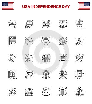 Happy Independence Day 25 Lines Icon Pack for Web and Print plant; cactus; fast food; party; buntings