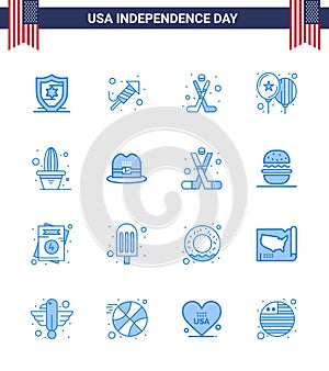 Happy Independence Day Pack of 16 Blues Signs and Symbols for plant; cactus; hokey; party; celebrate