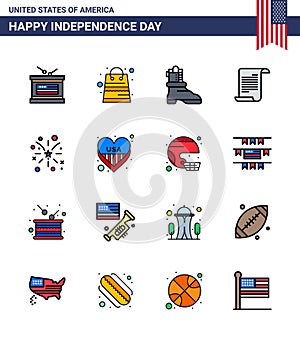 Happy Independence Day Pack of 16 Flat Filled Lines Signs and Symbols for american; firework; shose; usa; text