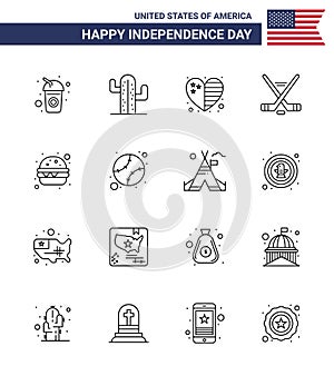 Happy Independence Day Pack of 16 Lines Signs and Symbols for fast food; american; heart; sport; hokey