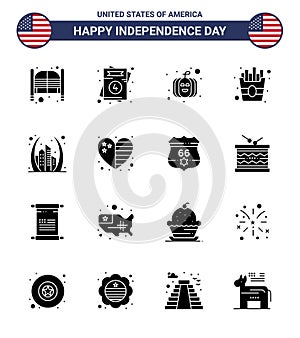 Happy Independence Day Pack of 16 Solid Glyphs Signs and Symbols for gate; arch; wedding; fries; fast