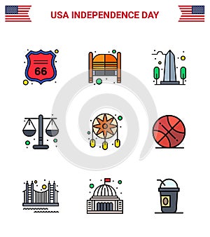 Happy Independence Day Pack of 9 Flat Filled Lines Signs and Symbols for scale; justice; entrance; court; usa