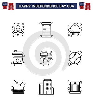 Happy Independence Day Pack of 9 Lines Signs and Symbols for fly; bloon; cake; usa; drink