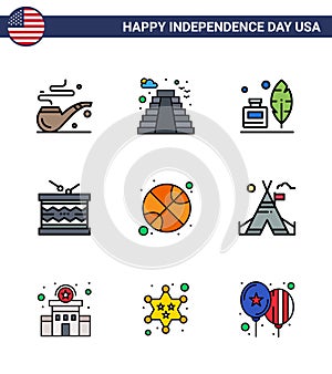 Happy Independence Day Pack of 9 Flat Filled Lines Signs and Symbols for ball; st; feather; parade; instrument