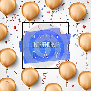 Happy independence day USA. Gold foil balloons and confetti. Vector. Celebration background for 4th of July. Trendy