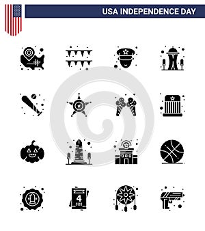 Happy Independence Day USA Pack of 16 Creative Solid Glyphs of bat; ball; man; space; landmark