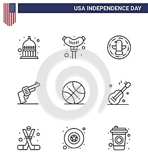 Happy Independence Day USA Pack of 9 Creative Lines of sports; backetball; bird; american; hand