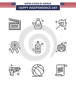 9 USA Line Pack of Independence Day Signs and Symbols of bottle; sign; camping; star; badge