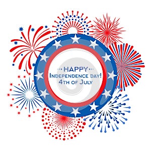 Happy Independence Day vector card with fireworks. 4th July banner template