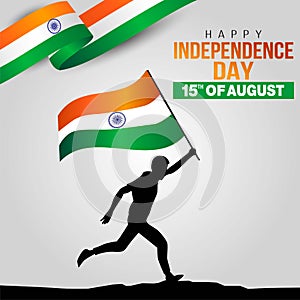 Happy India Independence Day Vector Template Design Illustration. silhouette man running with flag