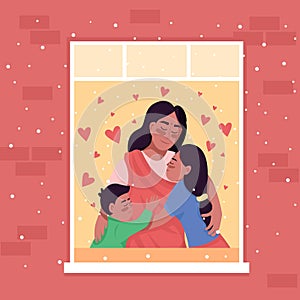 Happy indian family in home window flat color vector illustration