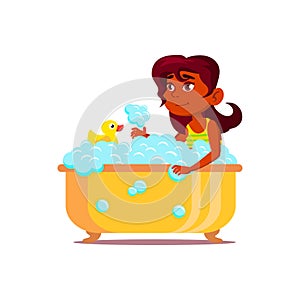 happy indian girl child washing in bath with bubbles and duck toy cartoon vector