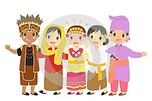 Happy Indonesian Children in Traditional Dress Cartoon Vector