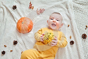 Happy infant baby lies on a blanket in yellow autumn clothes with a red pumpkin. Smiling child with orange leaves, top view