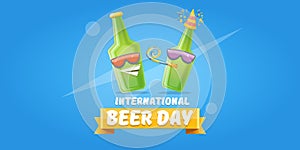 Happy international beer day horizonatal banner with cartoon funny beer bottles friends characters with sunglasses