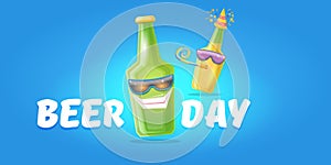 Happy international beer day horizonatal banner with cartoon funny beer bottles friends characters with sunglasses