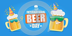 Happy international beer day horizonatal banner with cartoon funny beer glass friends characters with sunglasses