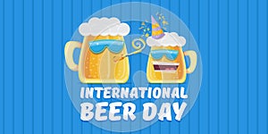 Happy international beer day horizonatal banner with cartoon funny beer glass friends characters with sunglasses