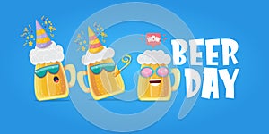 Happy international beer day horizonatal banner with cartoon funny beer glass friends characters with sunglasses